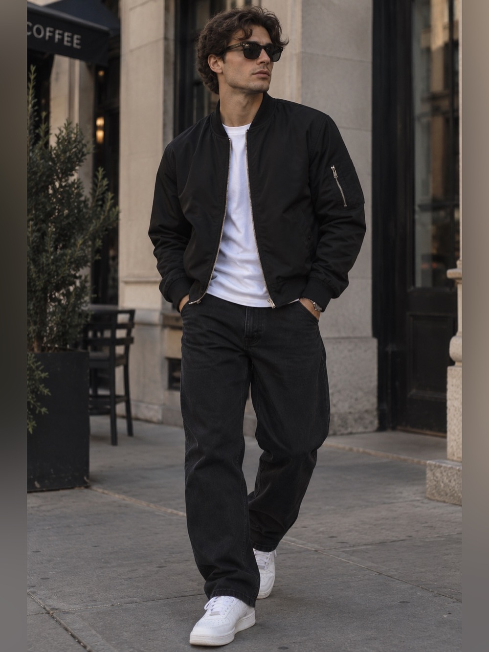 Sleek Black Bomber Jacket with Ribbed Accents
